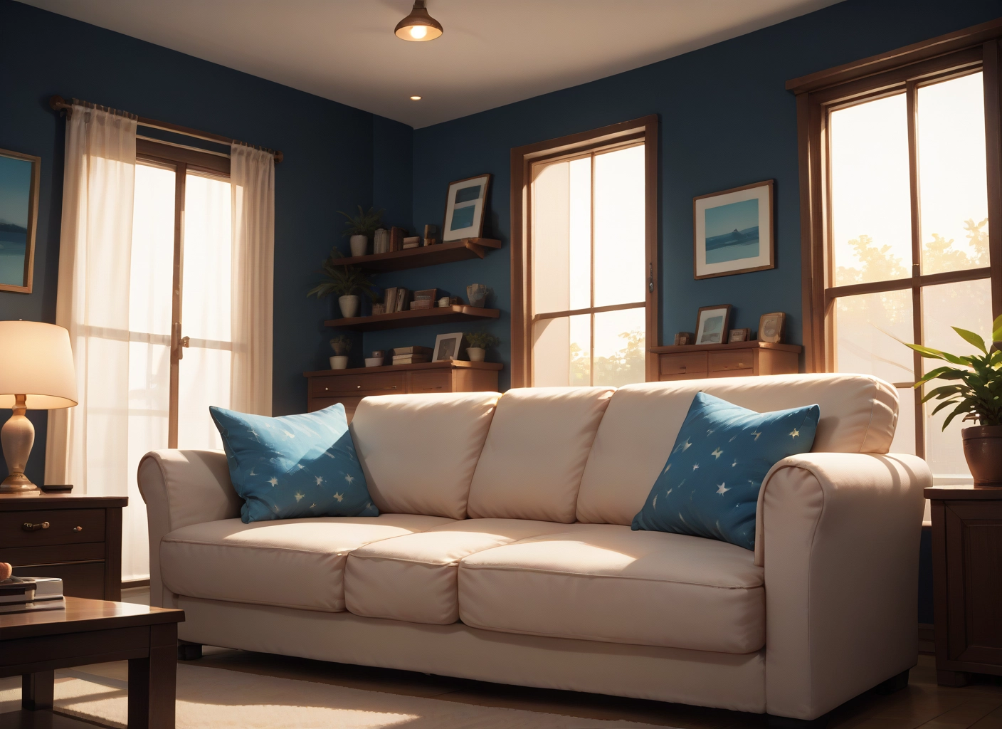 no humans, scenery, couch, window, indoors, plant