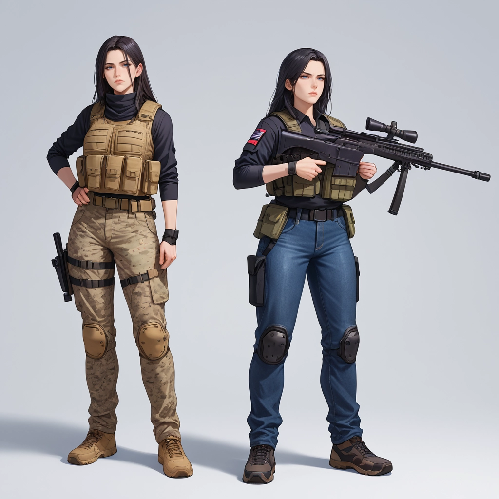 knee pads, pants, weapon, rifle, gun, holding · Yamete.gg