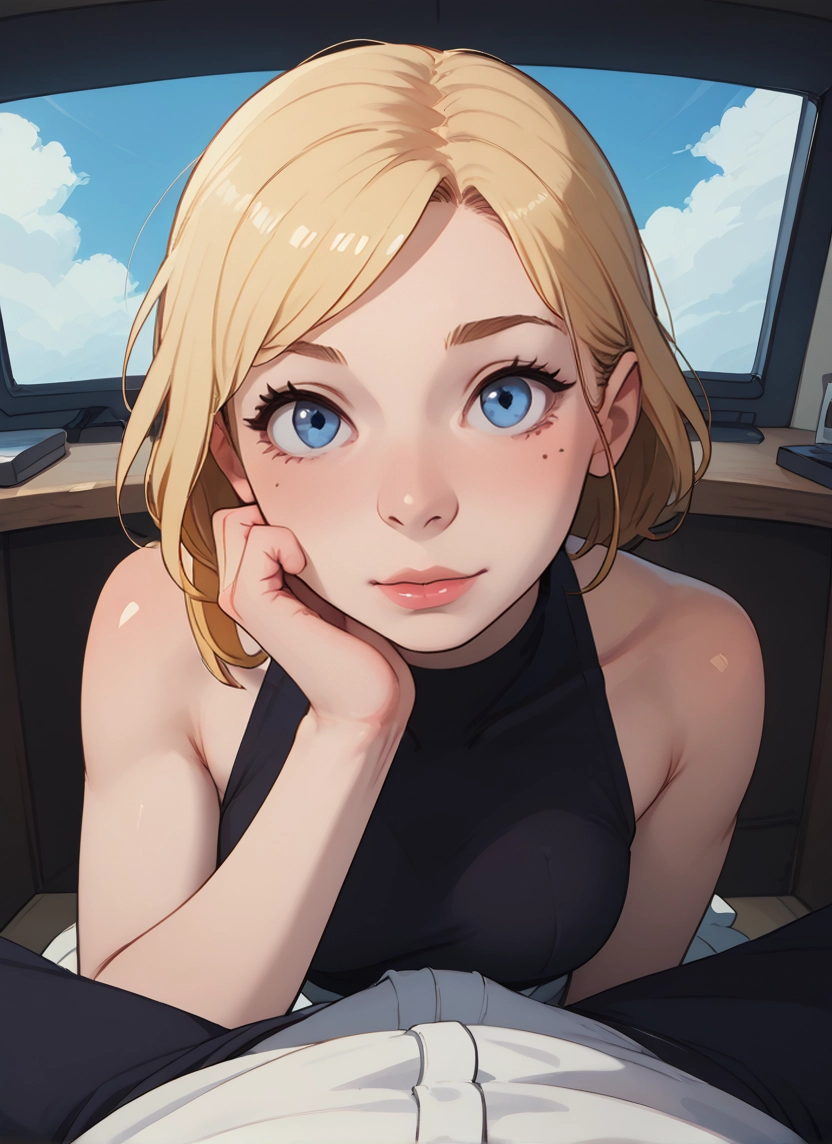 1girl, blonde hair, blue eyes, looking at viewer, pov, 1boy