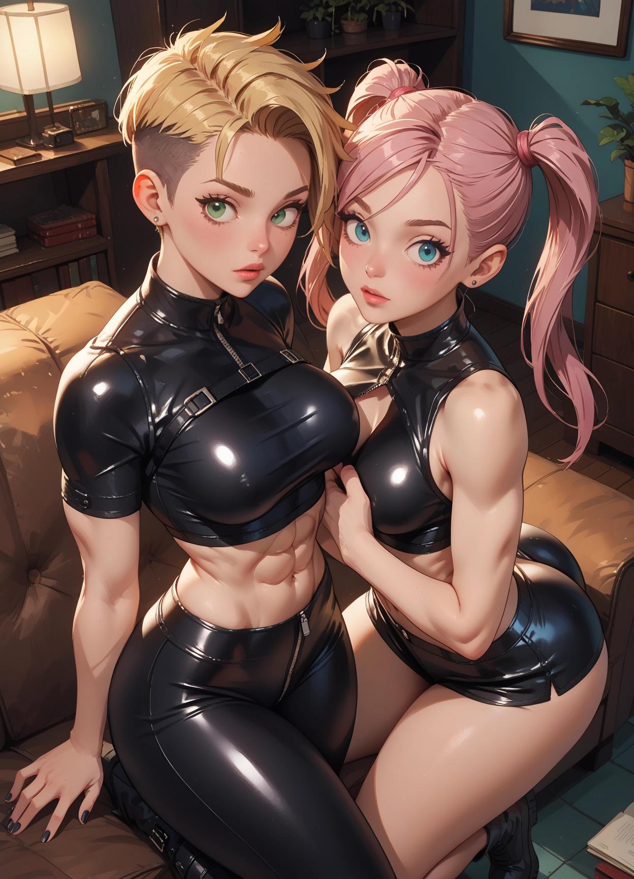 breasts, multiple girls, 2girls, abs, blonde hair, twintails · Yamete.gg