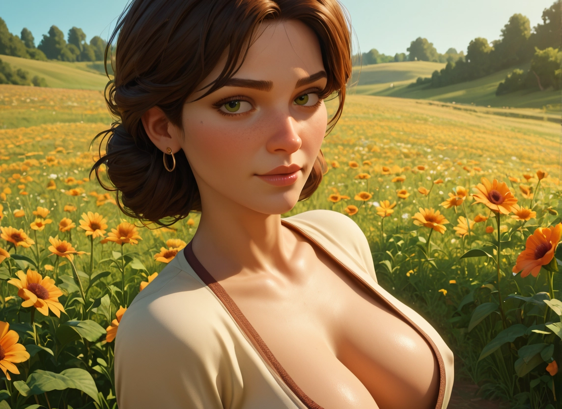 1girl, breasts, freckles, solo, flower, green eyes · Yamete.gg