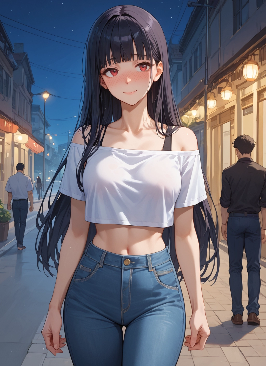 long hair, blush, navel, pants, black hair, shirt · Yamete.gg