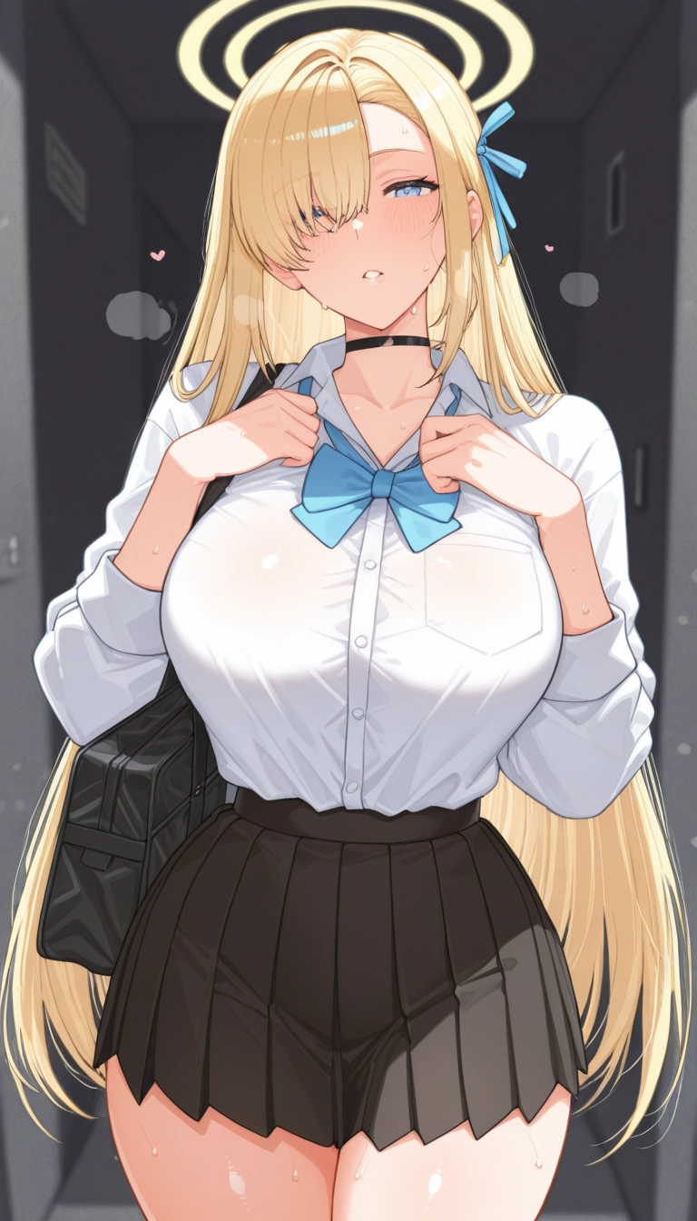 1girl, breasts, skirt, long hair, blonde hair, halo
