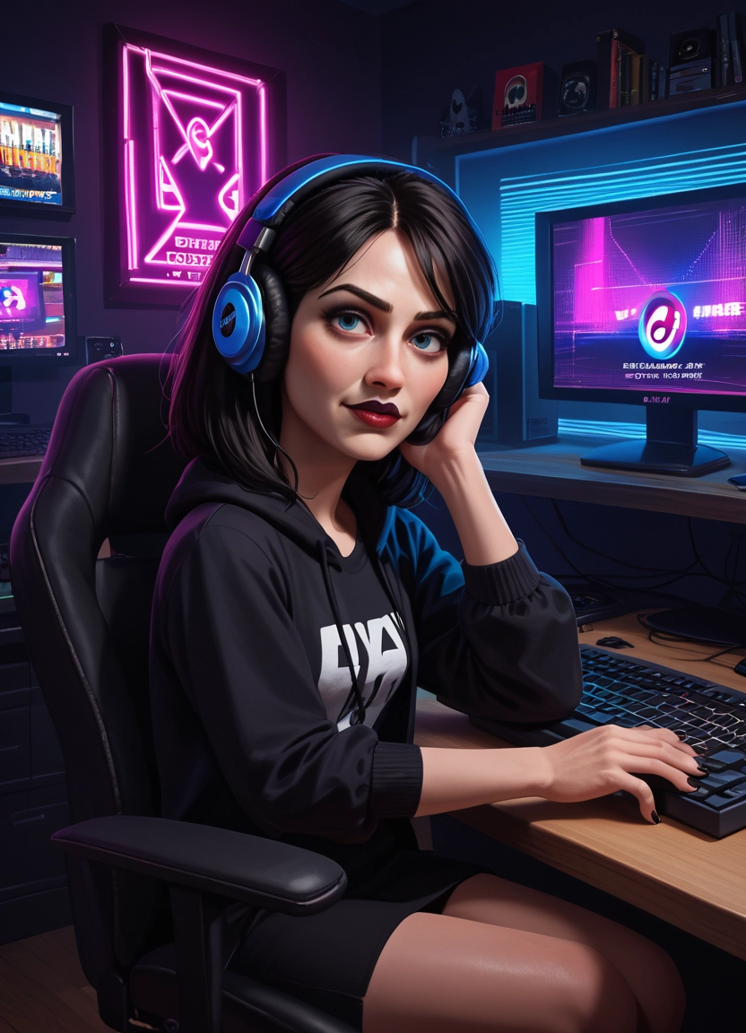 1girl, headphones, solo, black hair, sitting, keyboard (computer) · Yamete.gg