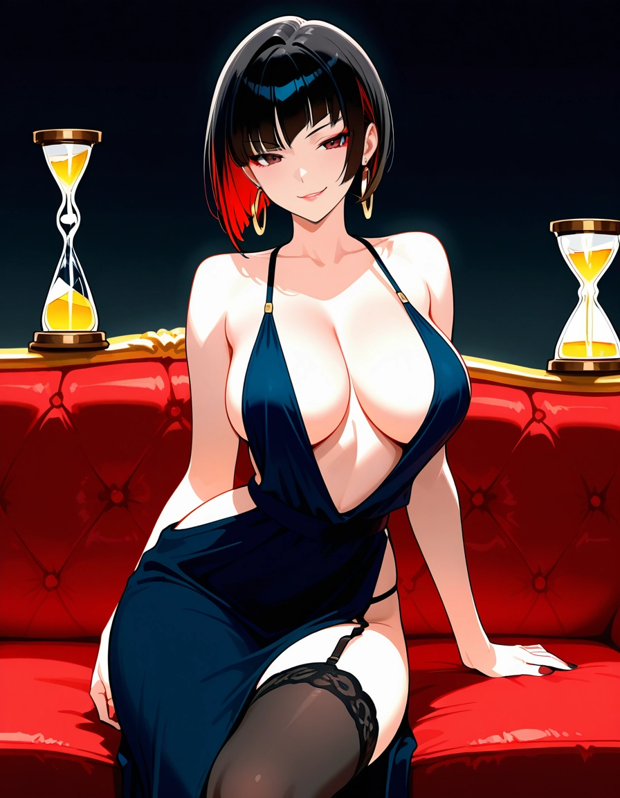 1girl, breasts, earrings, solo, black hair, jewelry · Yamete.gg