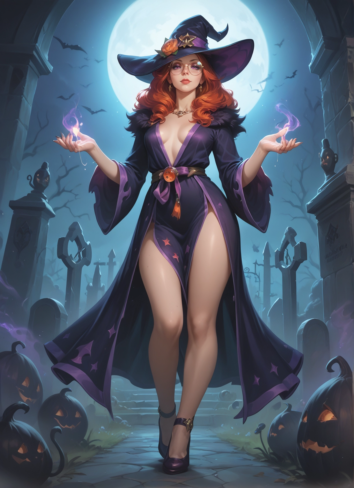 1girl, hat, breasts, witch hat, moon, glasses · Yamete.gg
