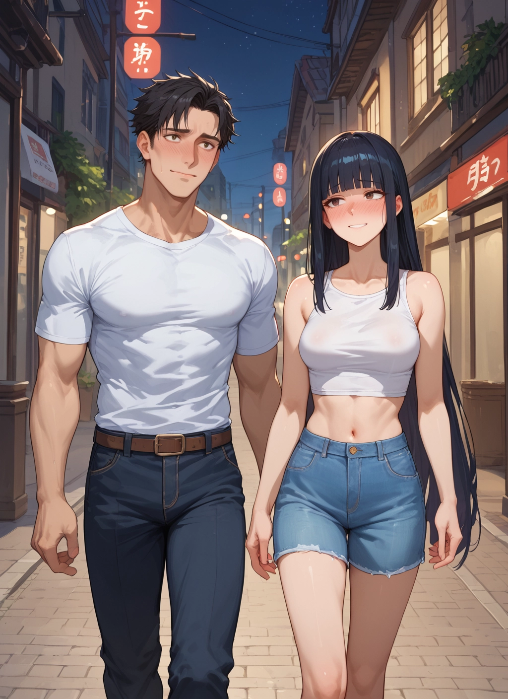 1girl, 1boy, long hair, black hair, shorts, blush · Yamete.gg