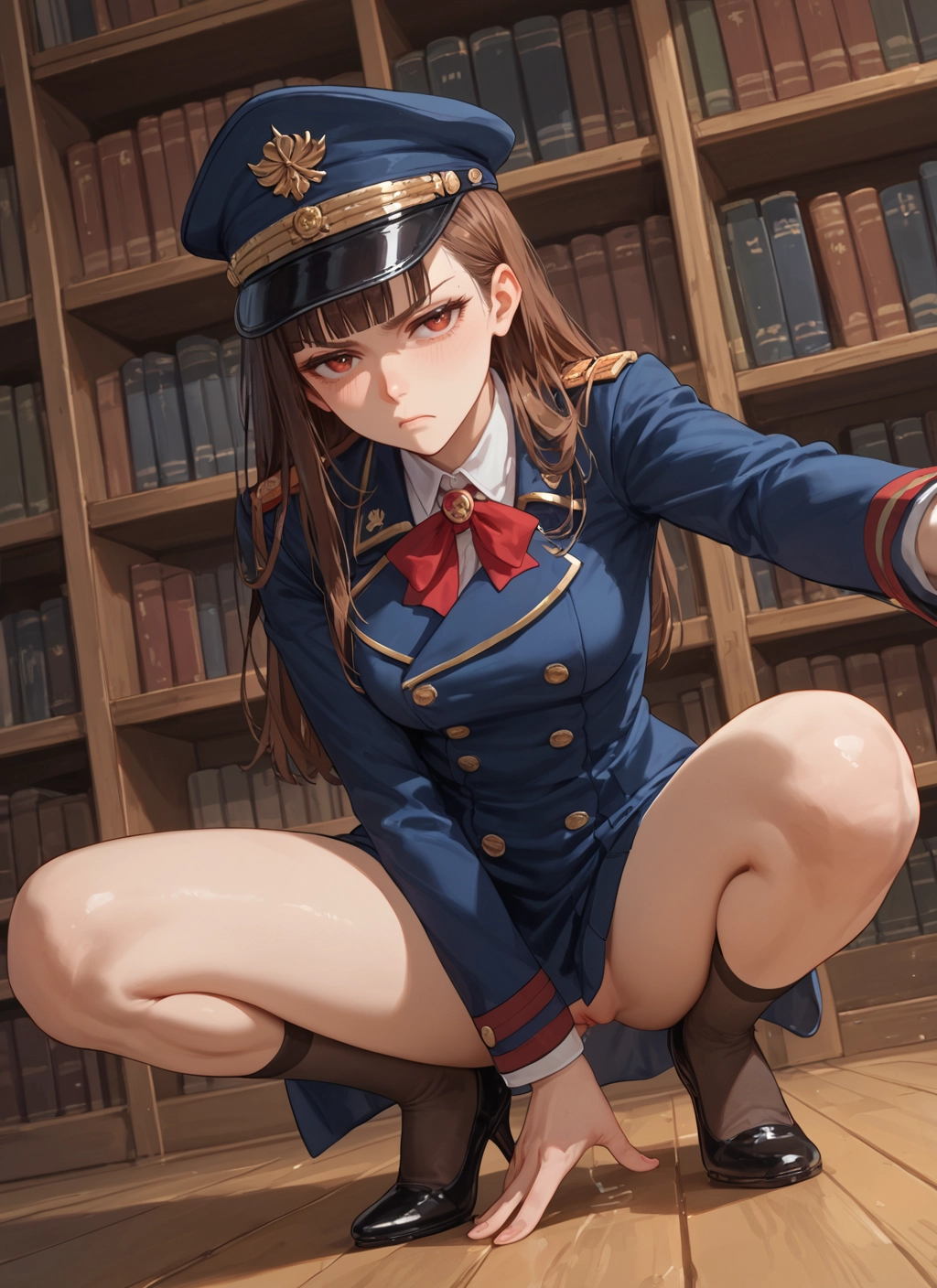 1girl, solo, brown hair, long hair, hat, squatting · Yamete.gg