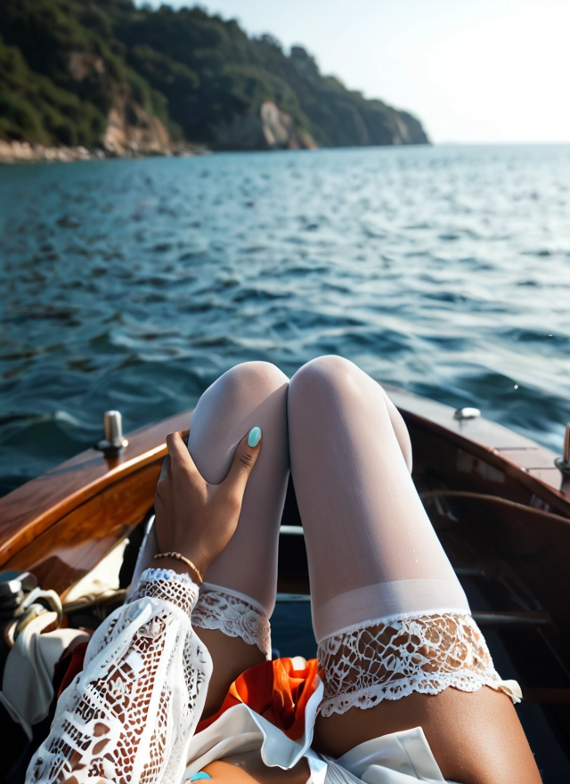 1girl, thighhighs, watercraft, boat, ocean, white legwear