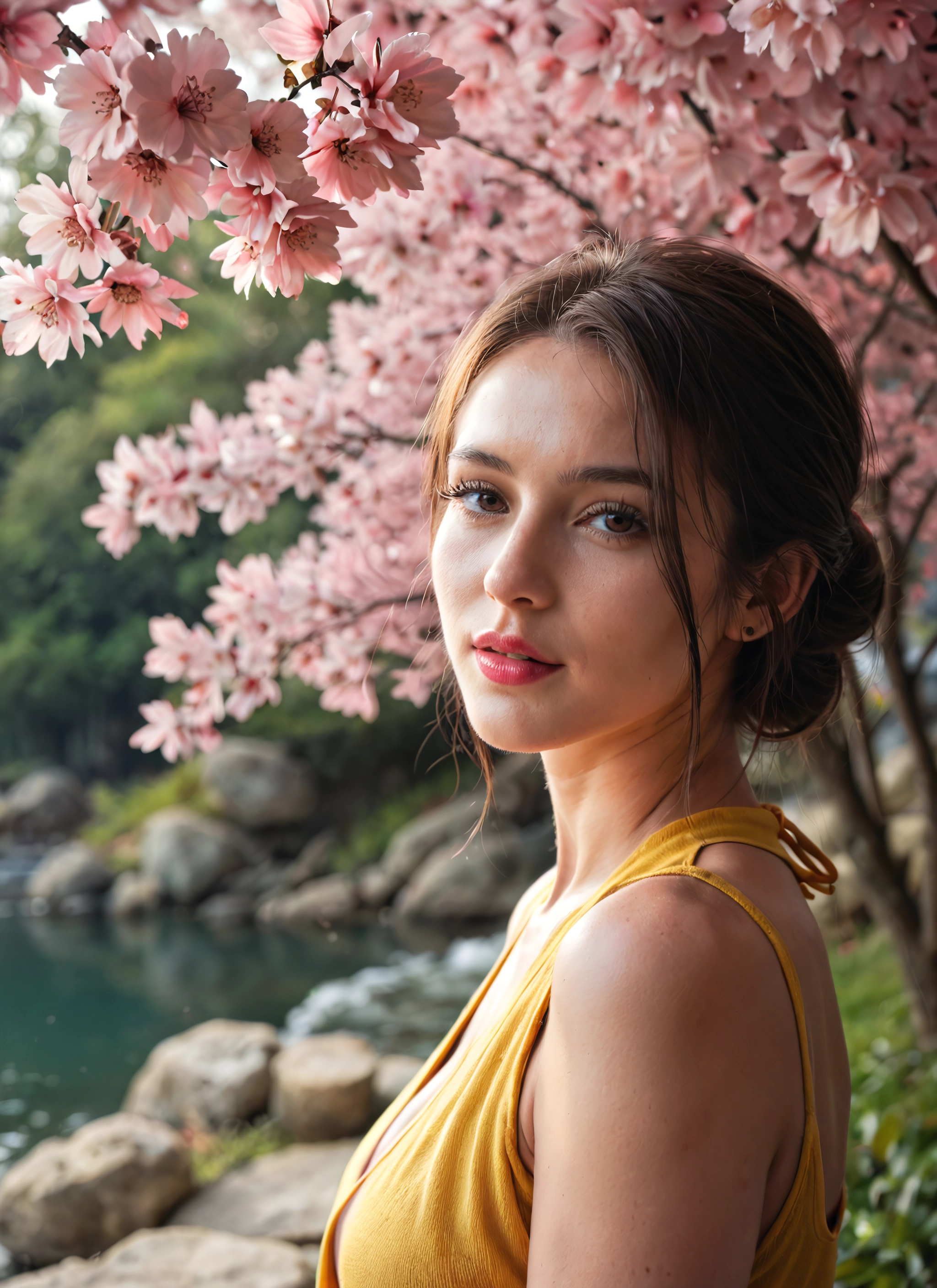 1girl, solo, looking at viewer, brown eyes, brown hair, cherry blossoms · Yamete.gg