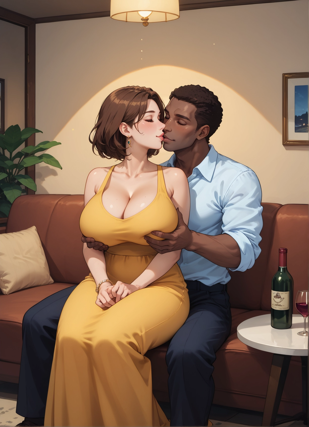 1girl, breasts, 1boy, brown hair, dress, jewelry · Yamete.gg
