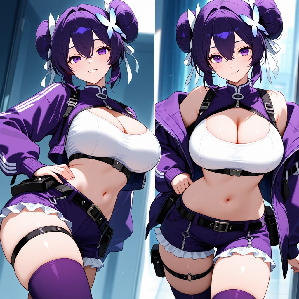 breasts, 1girl, smile, jacket, shorts, double bun · Yamete.gg