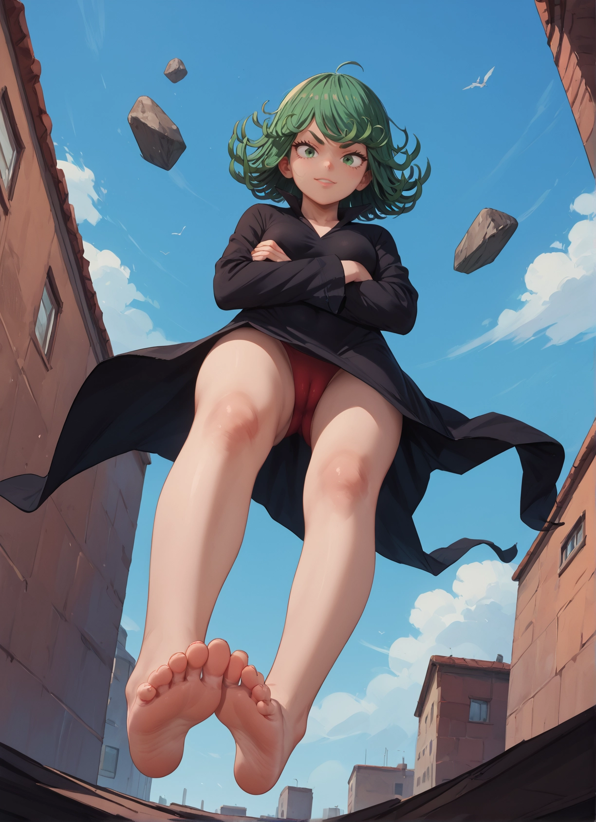 1girl, barefoot, feet, underwear, green eyes, panties · Yamete.gg