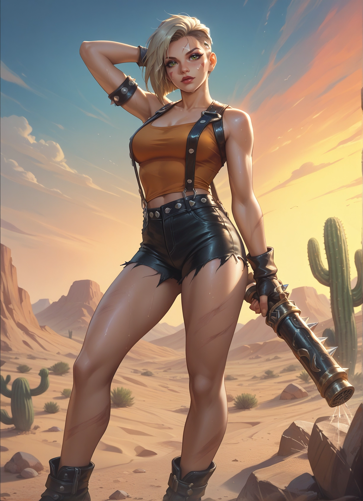 1girl, solo, blonde hair, breasts, cactus, shorts · Yamete.gg