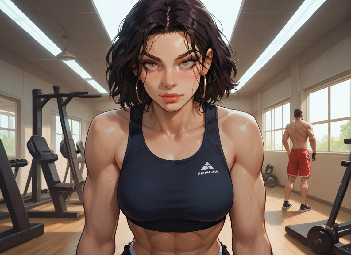 gym, 1girl, 1boy, muscular, dumbbell, exercise · Yamete.gg