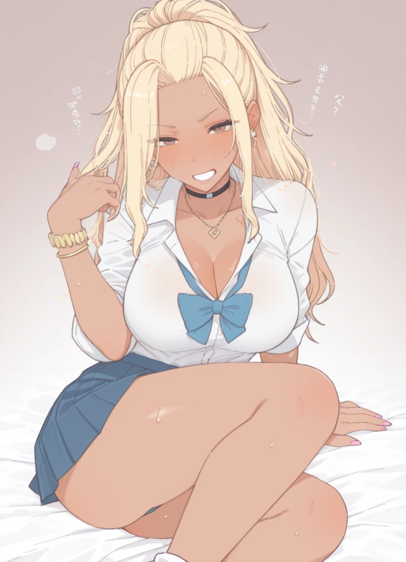 1girl, breasts, blonde hair, skirt, dark skin, jewelry