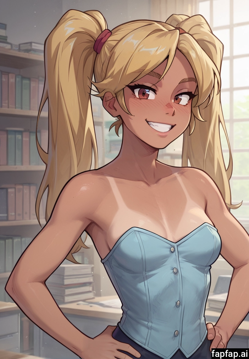 1girl, solo, smile, breasts, tan, blonde hair