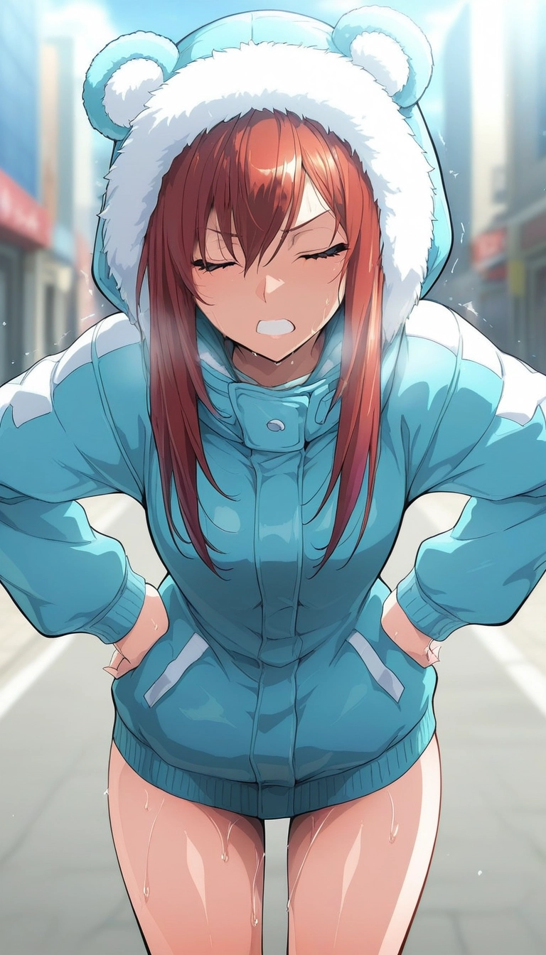 1girl, hood, closed eyes, solo, hands on own hips, hood up · Yamete.gg