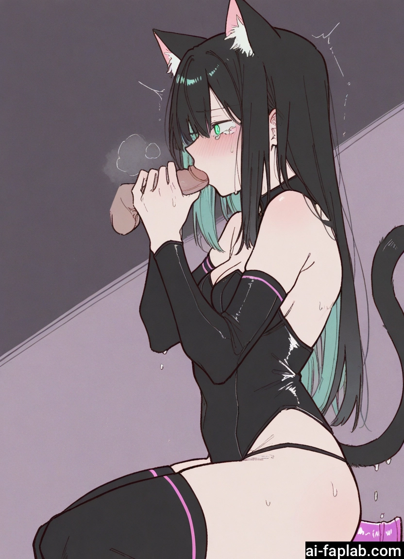 1girl, animal ears, penis, tail, cat ears, black hair