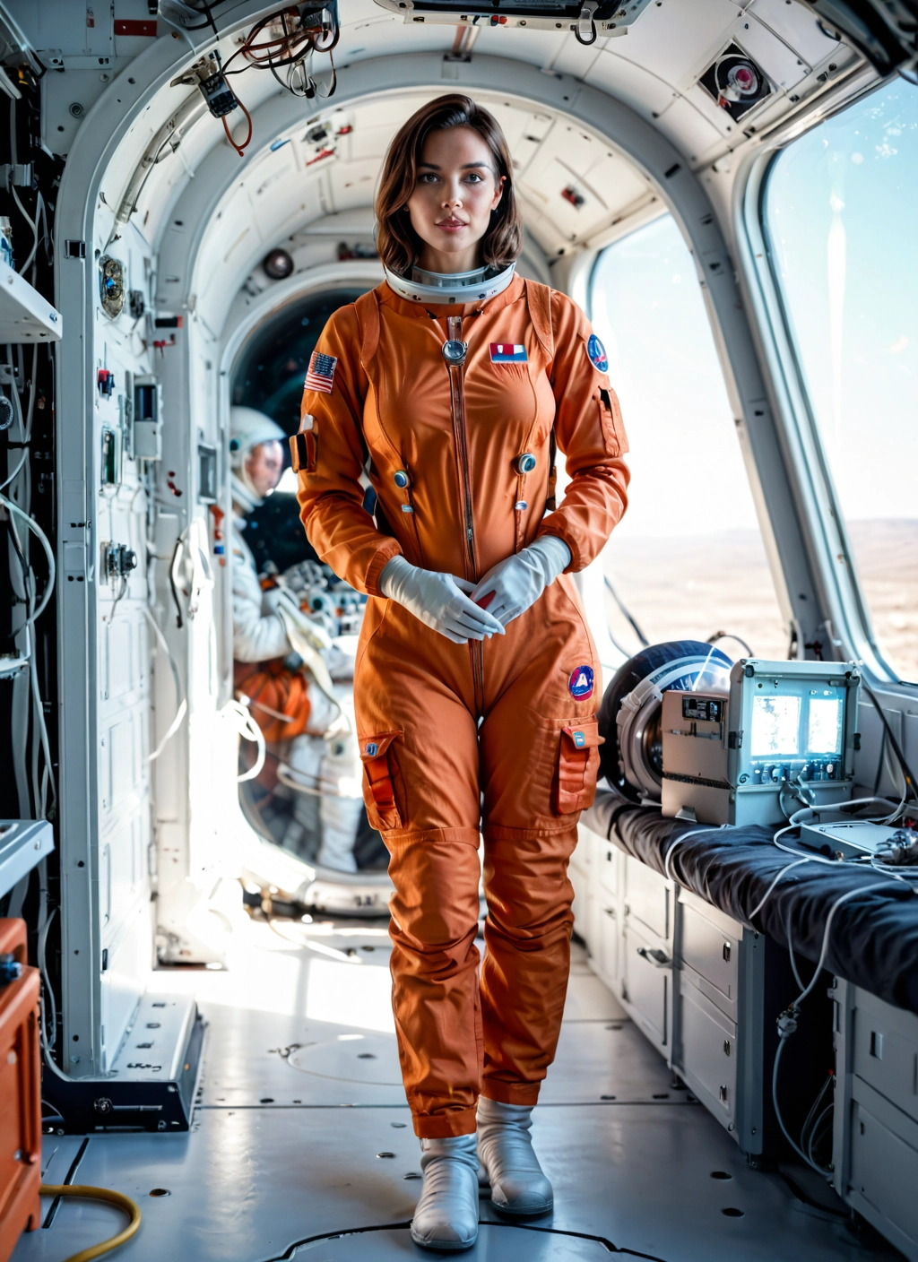 spacesuit, gloves, astronaut, 1girl, helmet, brown hair