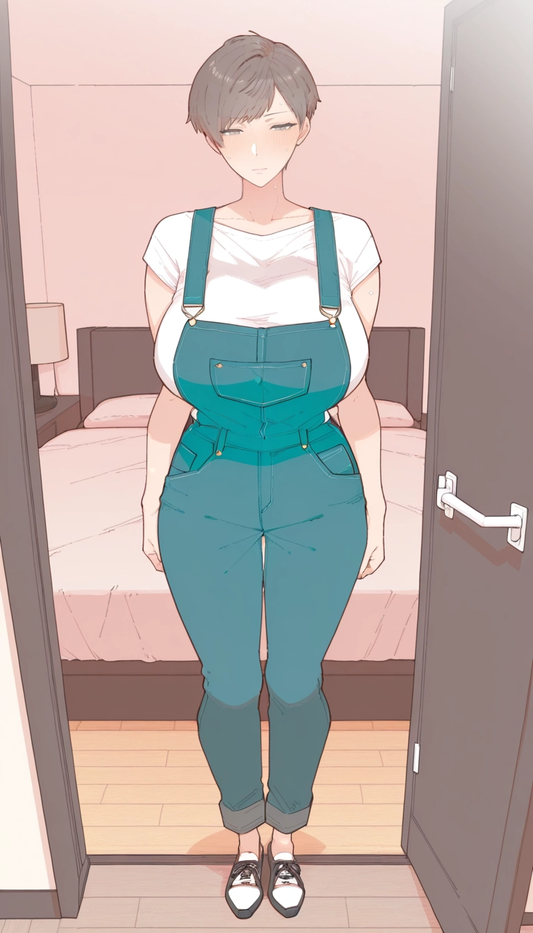 1girl, solo, breasts, short hair, overalls, bed