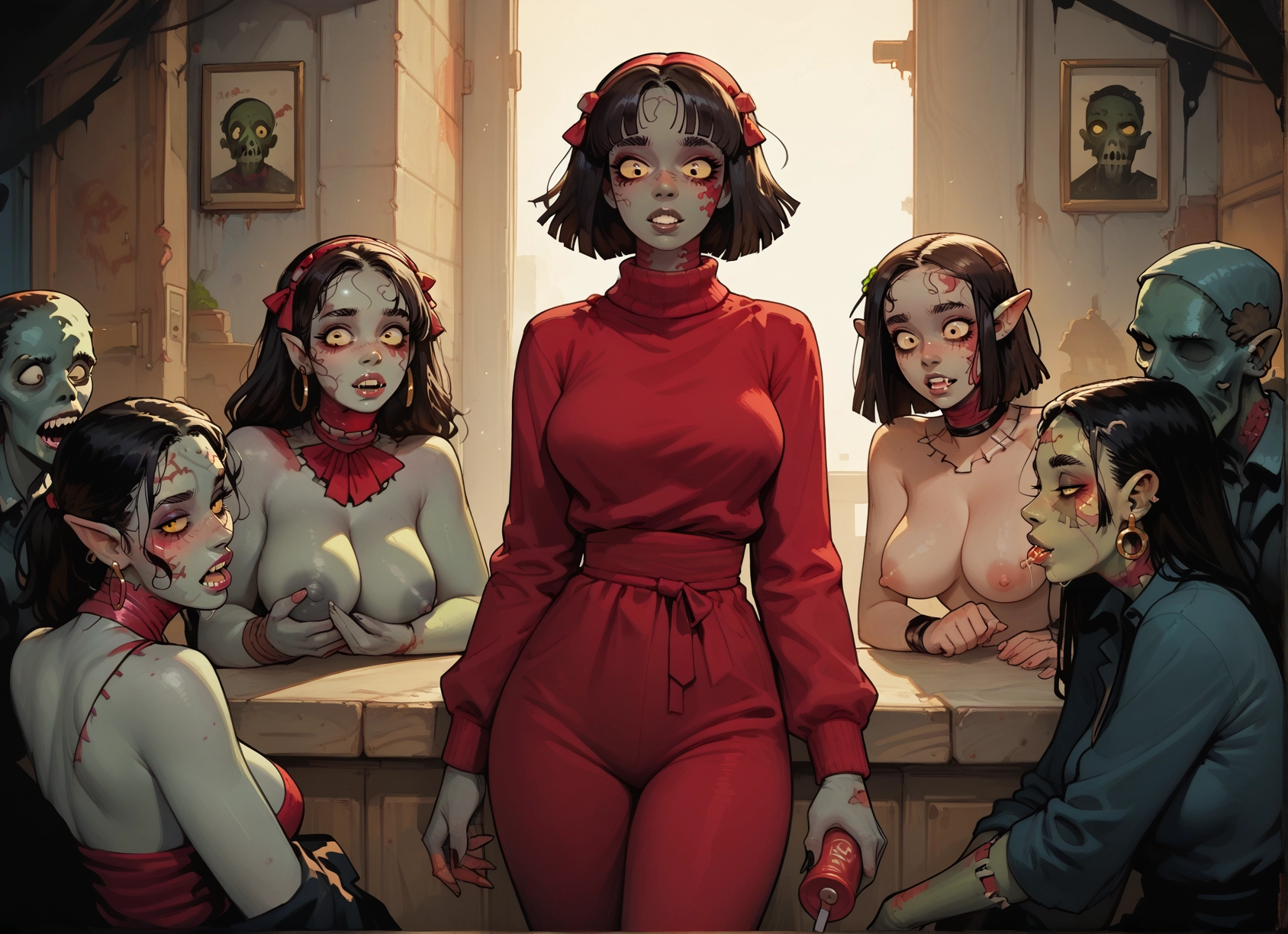 multiple girls, breasts, nipples, pointy ears, jewelry, earrings · Yamete.gg