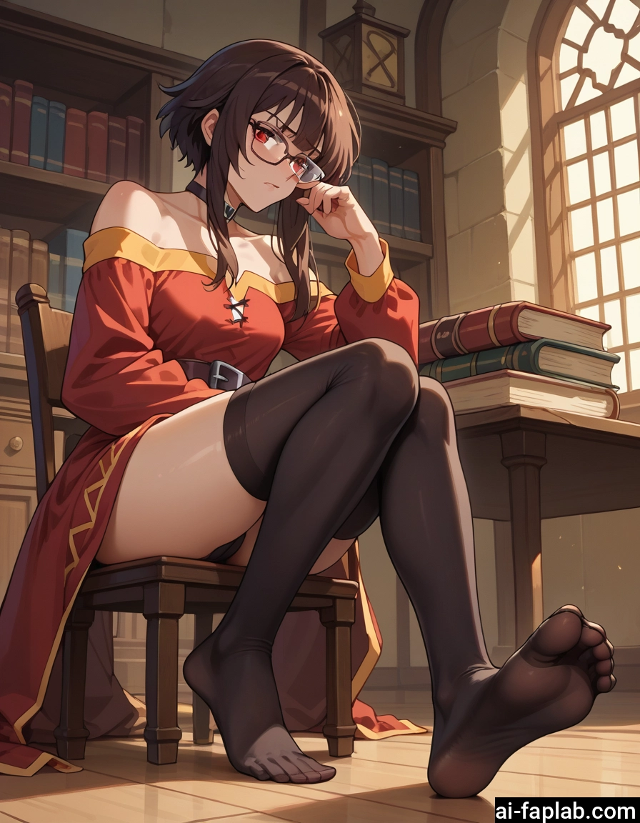 1girl, thighhighs, red eyes, feet, glasses, solo