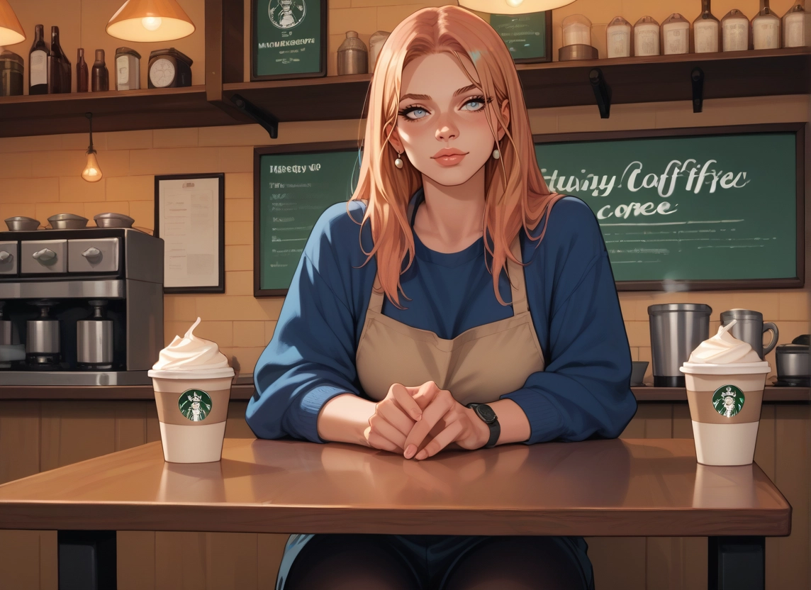1girl, cafe, solo, long hair, cup, jewelry · Yamete.gg