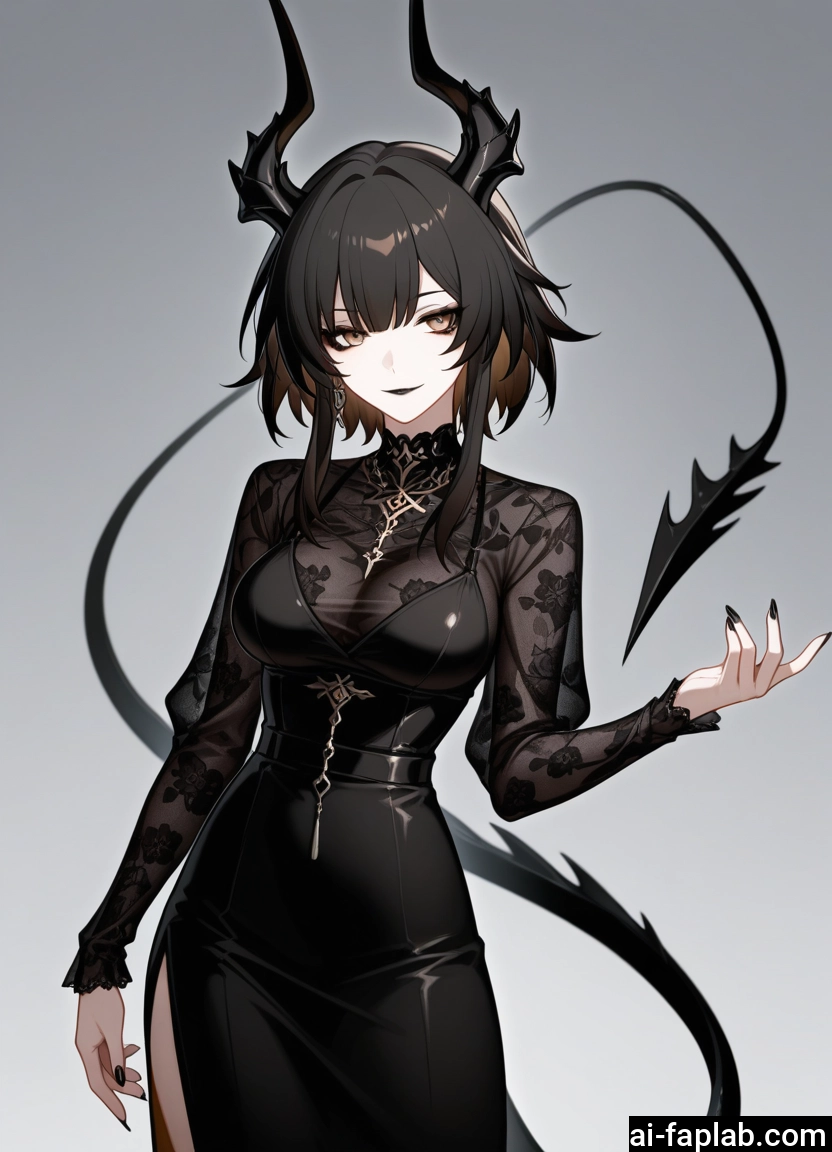 1girl, solo, horns, dress, tail, breasts