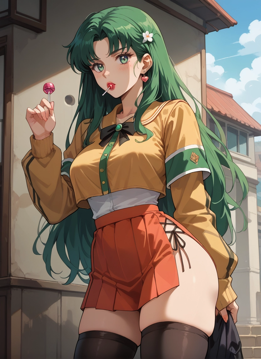 1girl, thighhighs, food, skirt, long hair, candy · Yamete.gg
