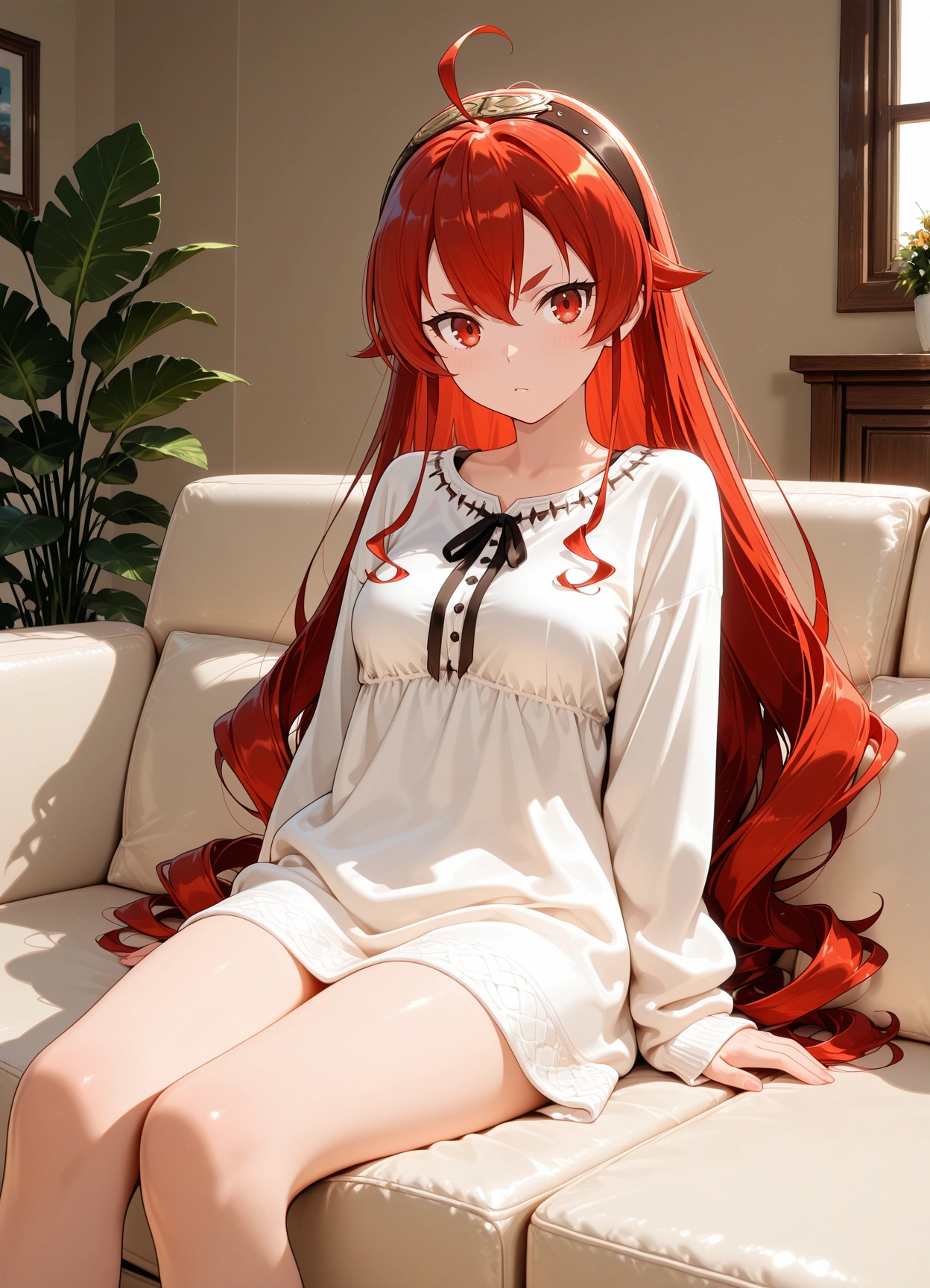 1girl, solo, long hair, eris greyrat, couch, red eyes · Yamete.gg