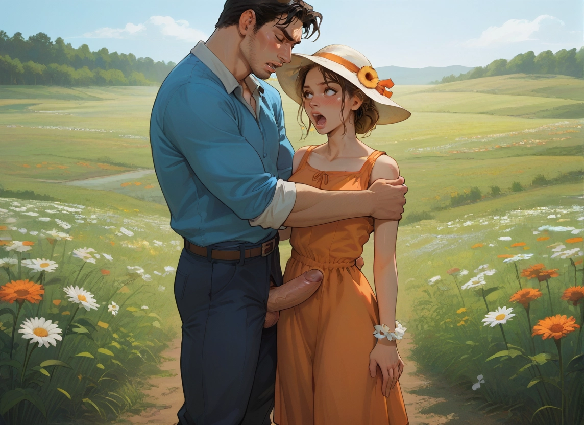 1girl, 1boy, outdoors, flower, dress, hat · Yamete.gg