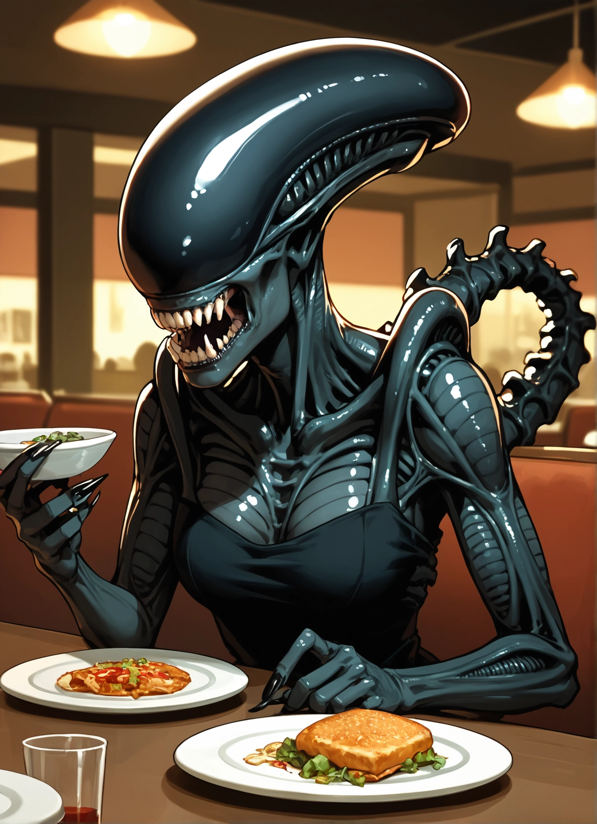 food, 1girl, teeth, sharp teeth, plate, solo · Yamete.gg