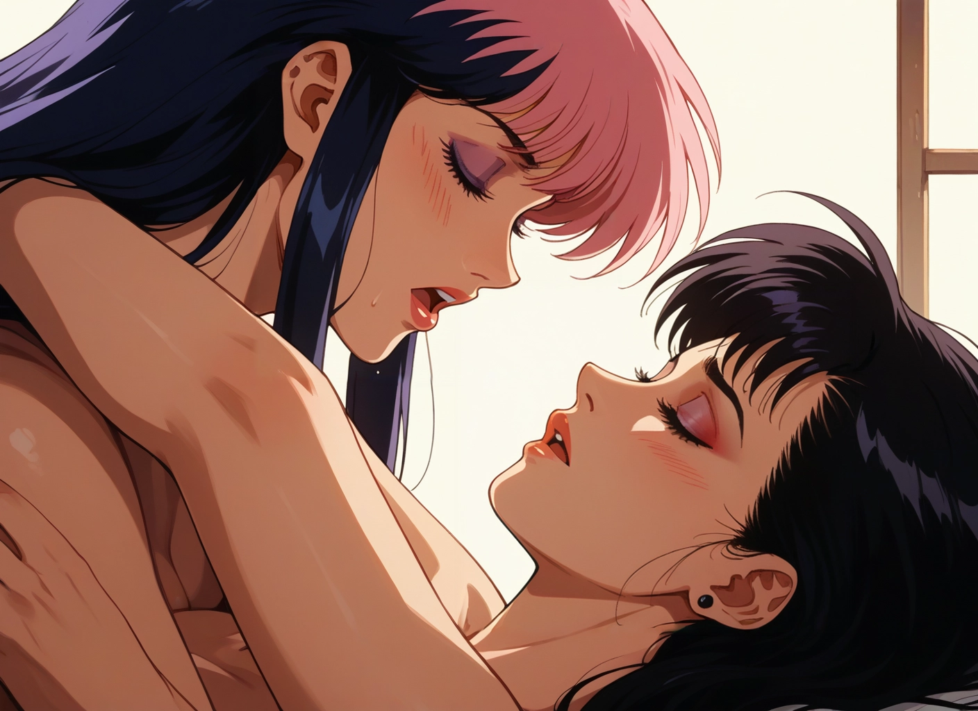 yuri, multiple girls, 2girls, multicolored hair, black hair, closed eyes · Yamete.gg