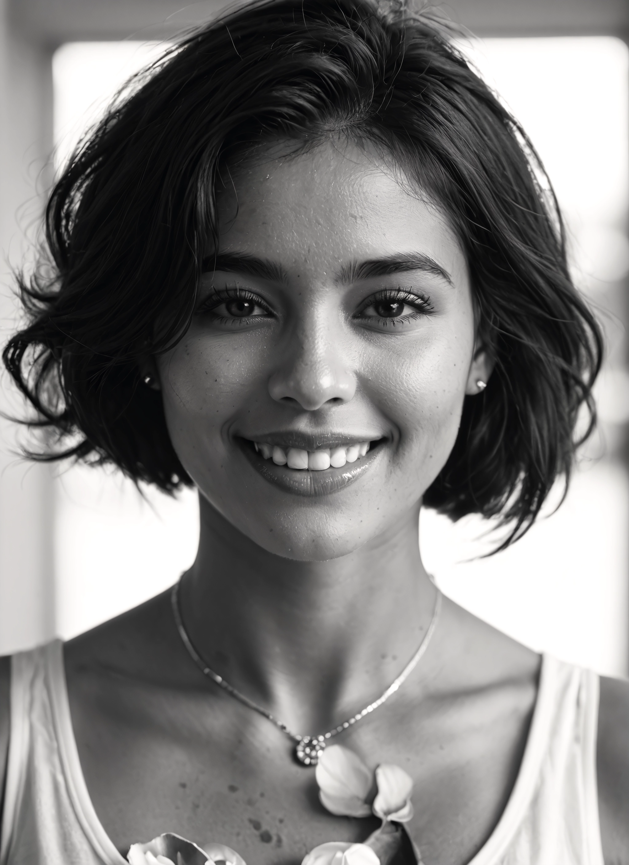 1girl, greyscale, monochrome, solo, jewelry, smile · Yamete.gg