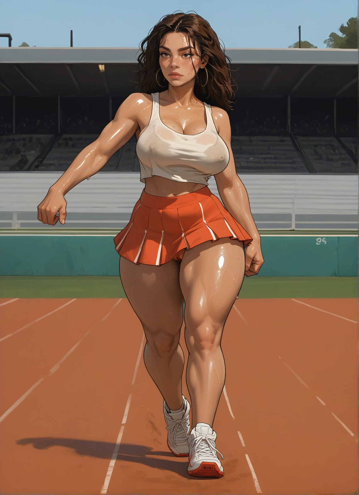 1girl, breasts, skirt, jewelry, earrings, sweat · Yamete.gg