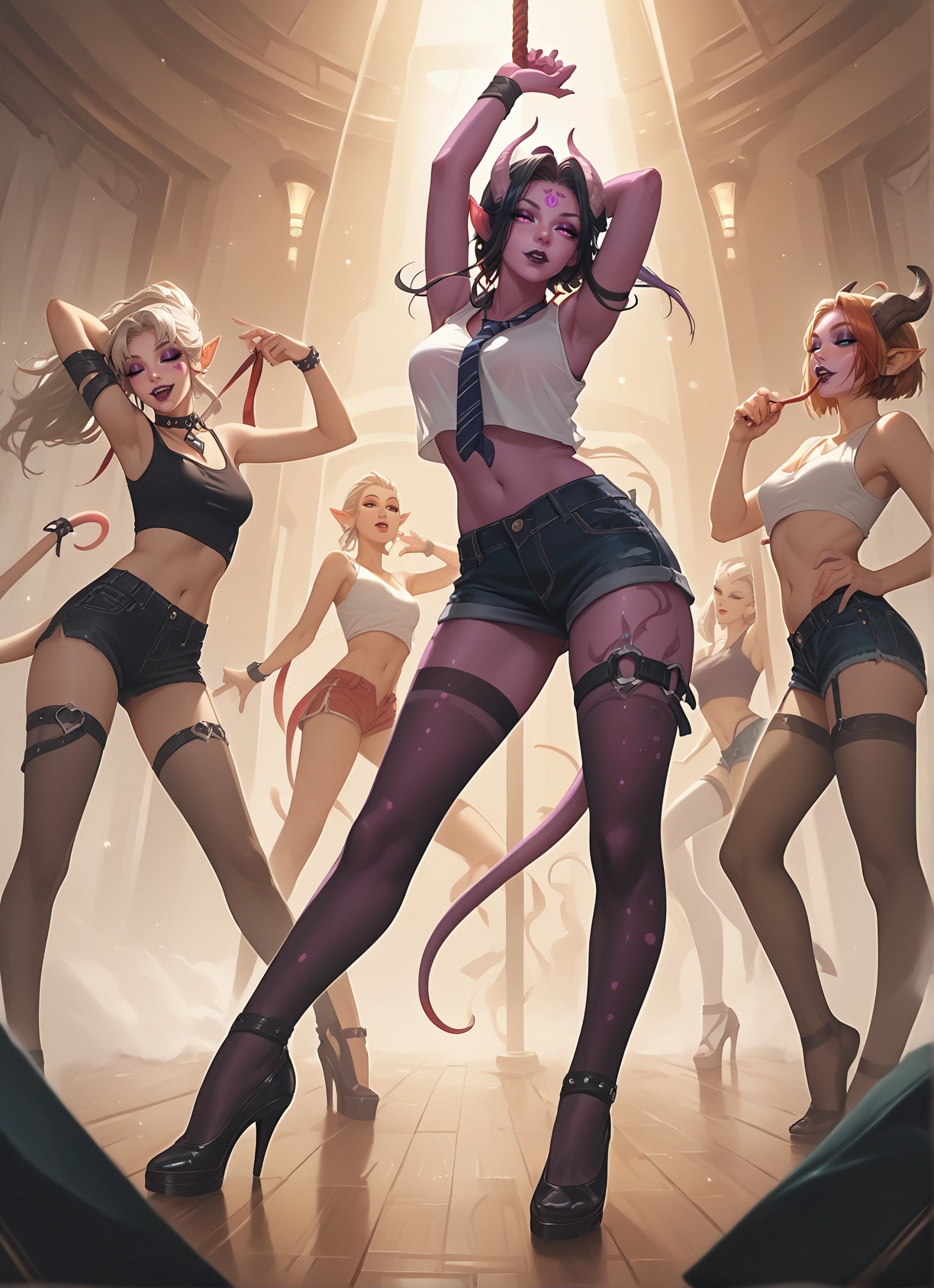 multiple girls, shorts, horns, tail, thighhighs, 4girls · Yamete.gg