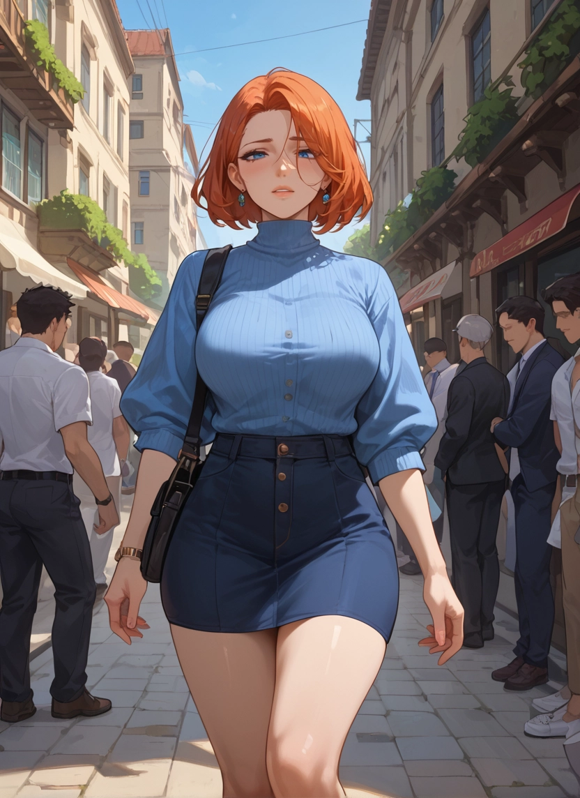 skirt, blue eyes, 1girl, breasts, jewelry, earrings · Yamete.gg