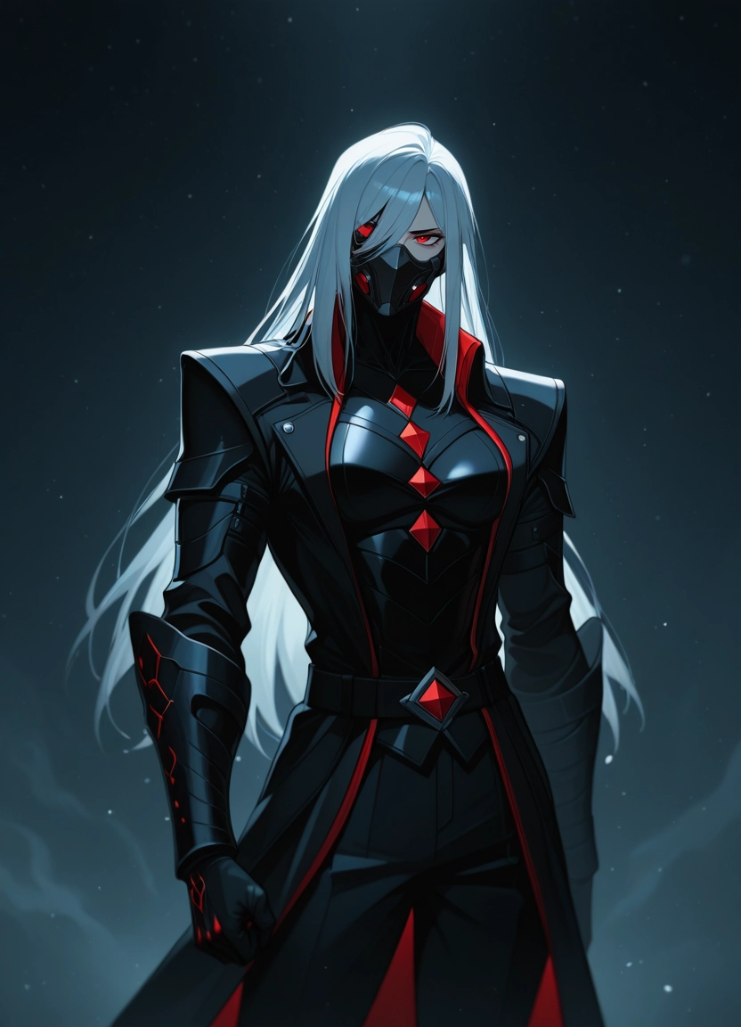 1girl, solo, long hair, red eyes, mask, armor · Yamete.gg