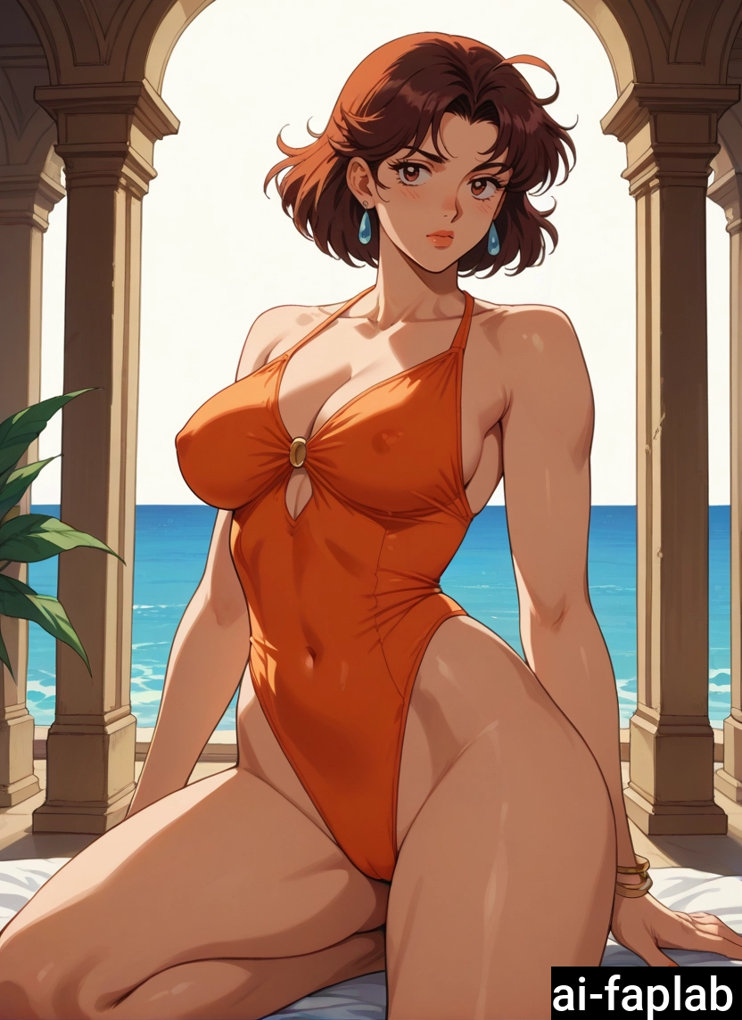 1girl, breasts, jewelry, brown hair, solo, swimsuit