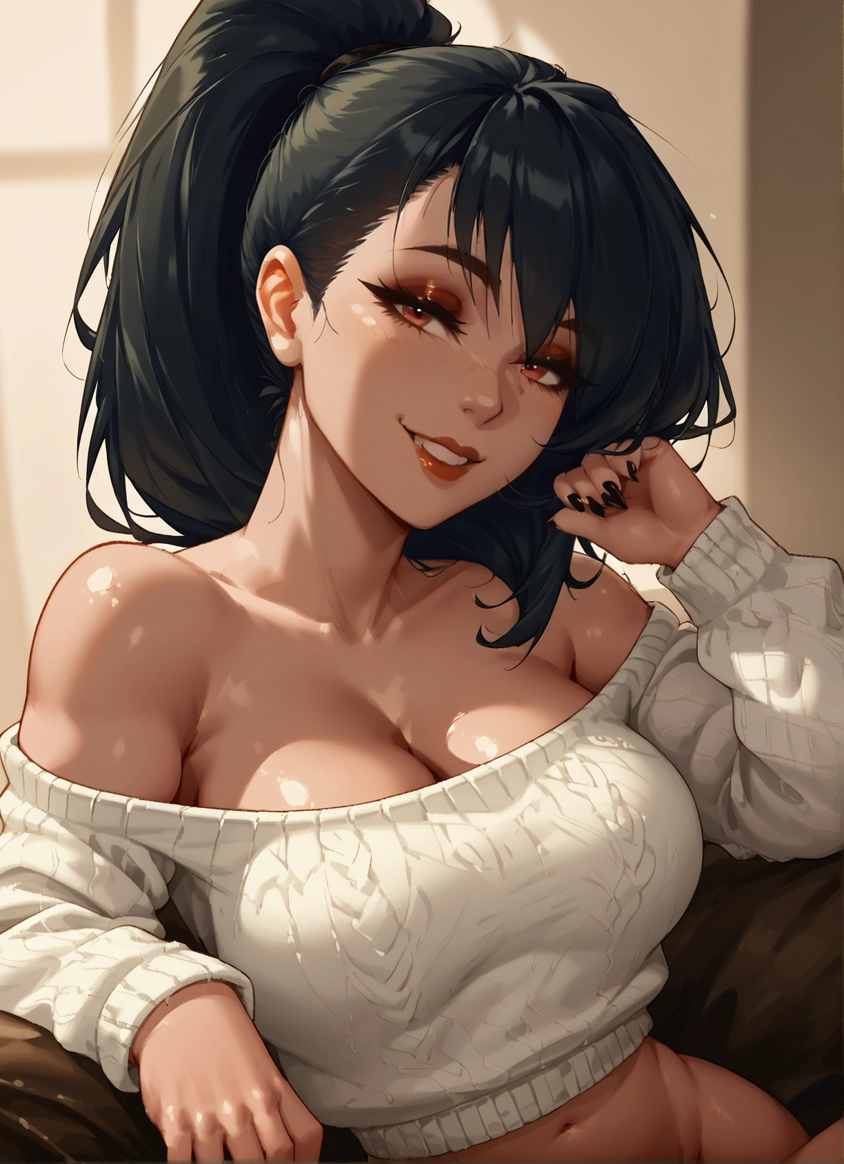 1girl, breasts, sweater, large breasts, cleavage, navel · Yamete.gg