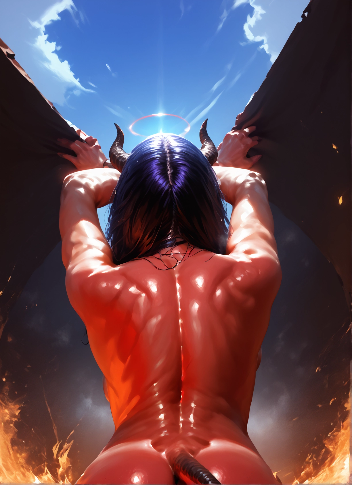 1girl, horns, tail, halo, solo, nude · Yamete.gg