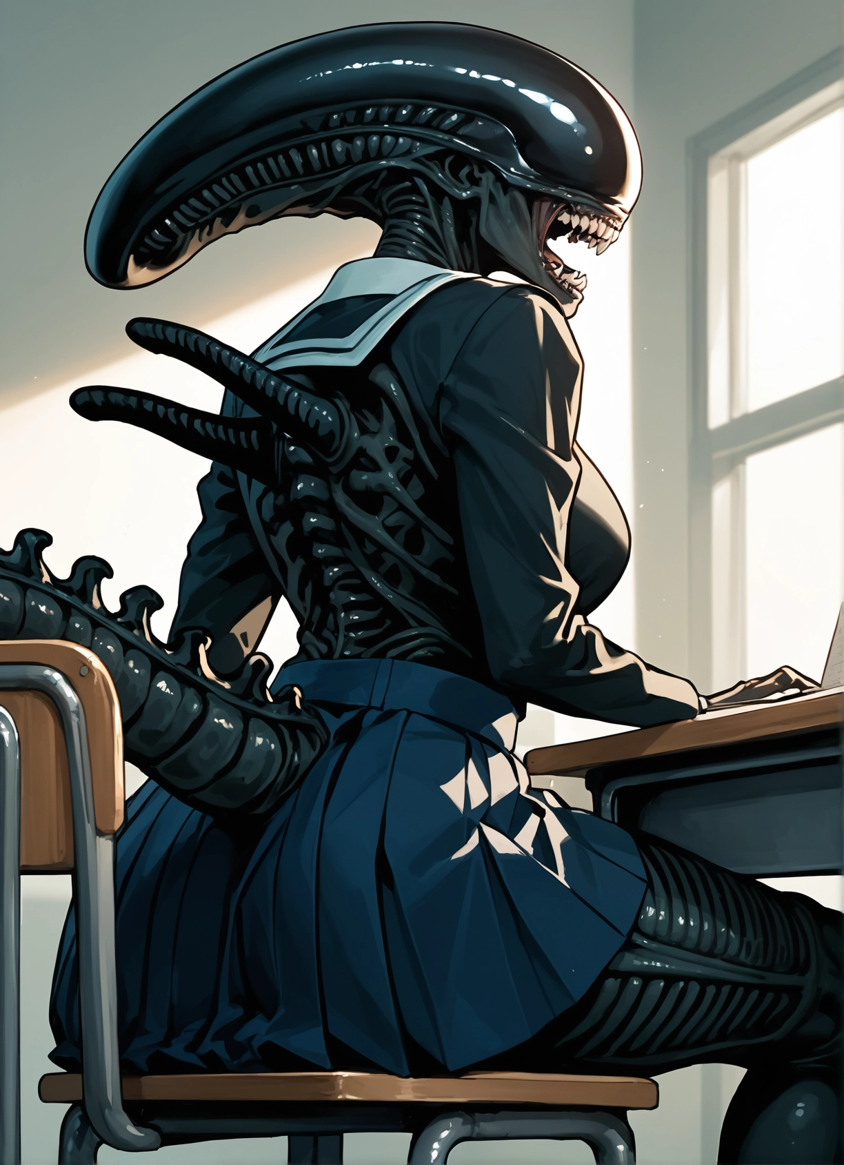 1girl, skirt, school uniform, teeth, sitting, desk