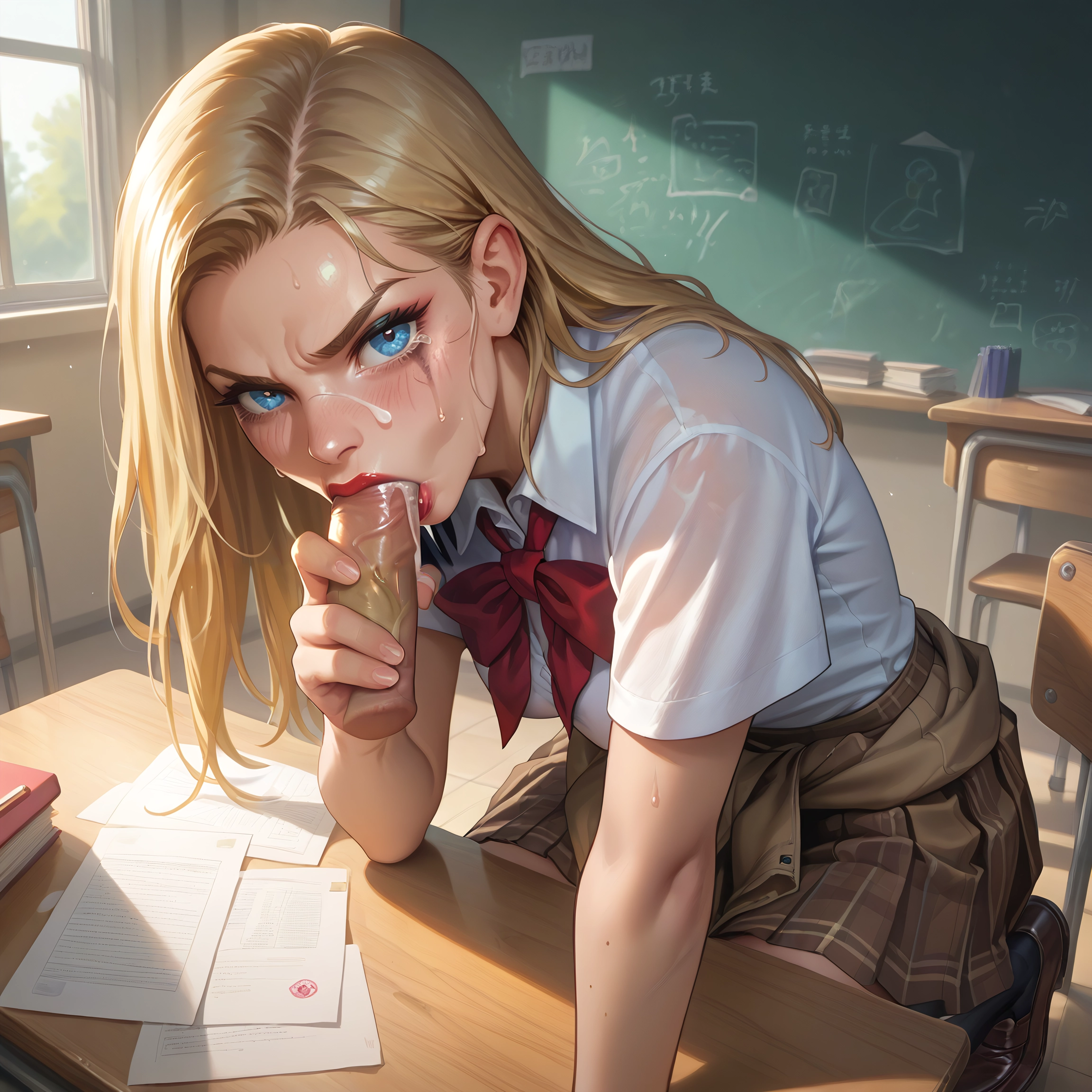 1girl, blonde hair, penis, oral, fellatio, skirt · Yamete.gg