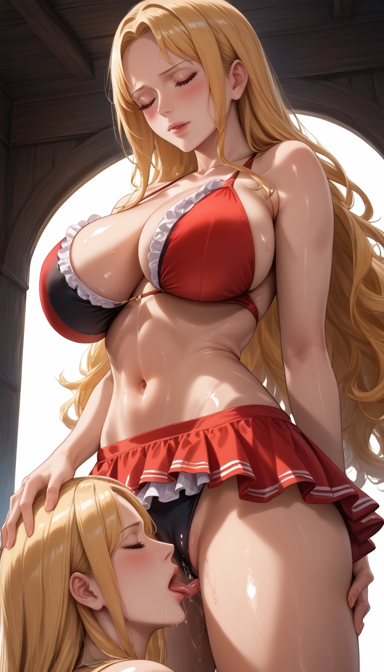 breasts, blonde hair, oral, 2girls, yuri, closed eyes · Yamete.gg