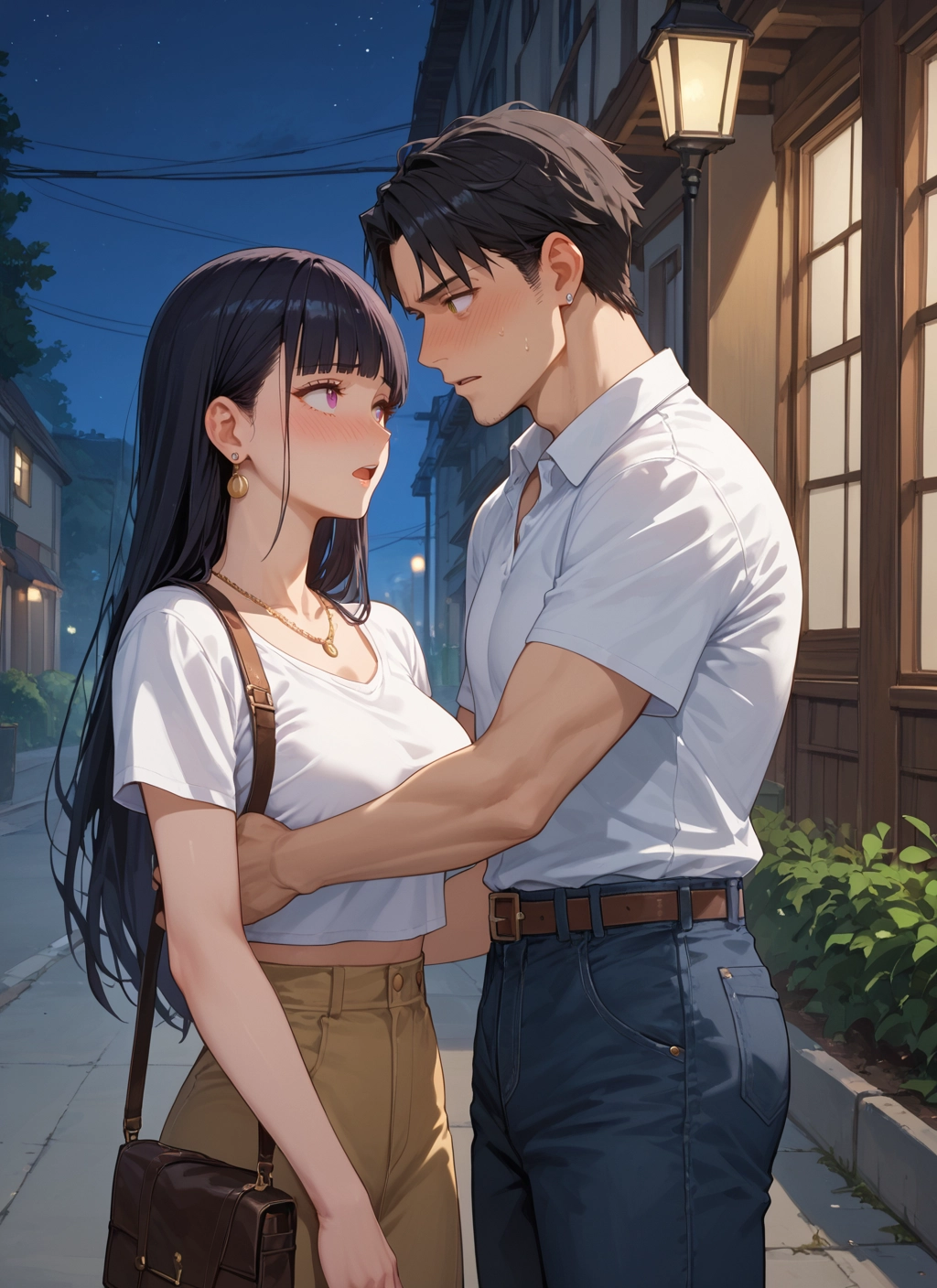 1girl, 1boy, jewelry, black hair, long hair, earrings · Yamete.gg