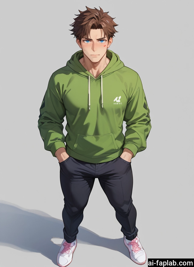 bara, 1boy, male focus, blue eyes, hood, solo