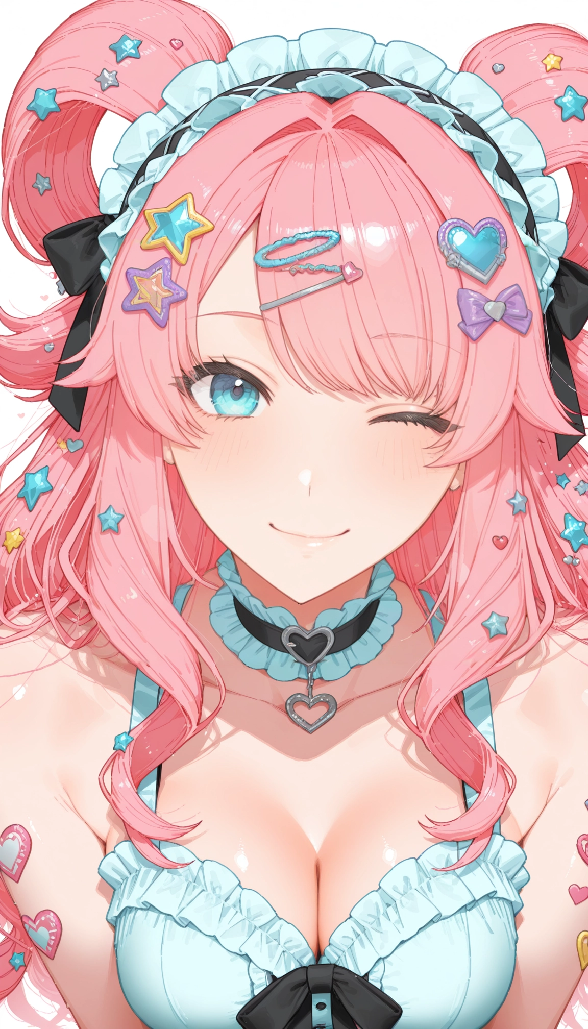 1girl, breasts, hair ornament, solo, pink hair, one eye closed · Yamete.gg