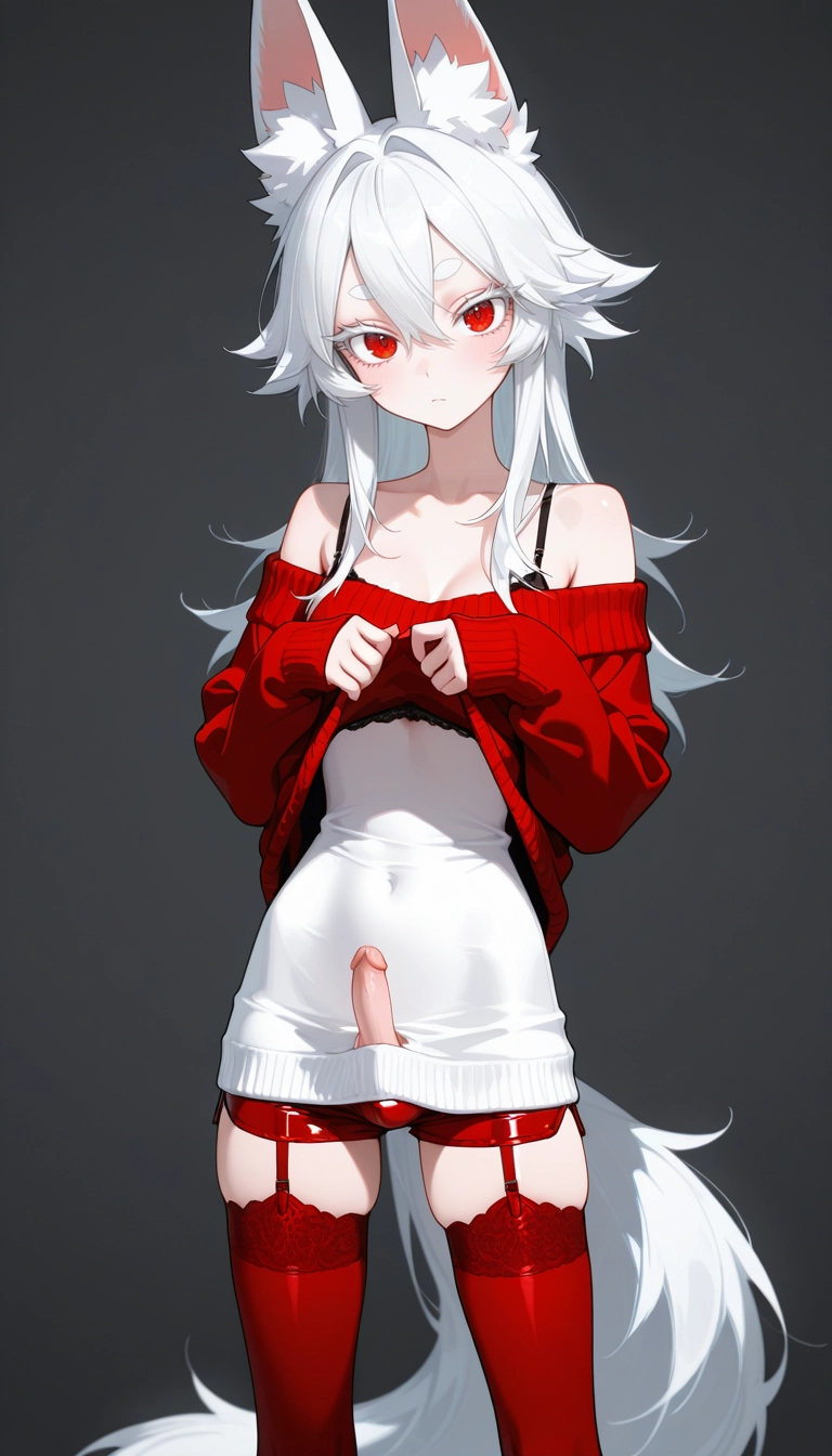 futanari, solo, thighhighs, white hair, red eyes, 1girl · Yamete.gg
