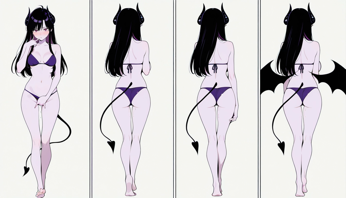 1girl, horns, ass, demon girl, long hair, purple bikini · Yamete.gg